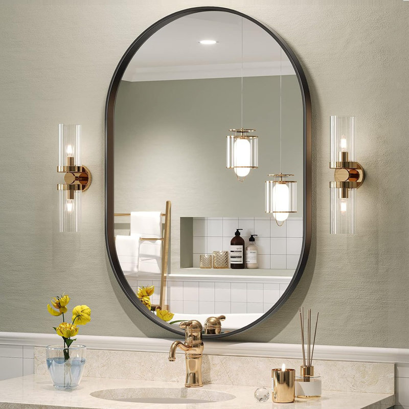 Ebern Designs Brightify Black Oval Mirror For Bathroom Vanity 20X30 Inch Matte Black Bathroom Mirrors For Wall Metal Frame Wall Mounted Mirror For Bedroom Living Room Wall Decor Hang Vertical And Hori...